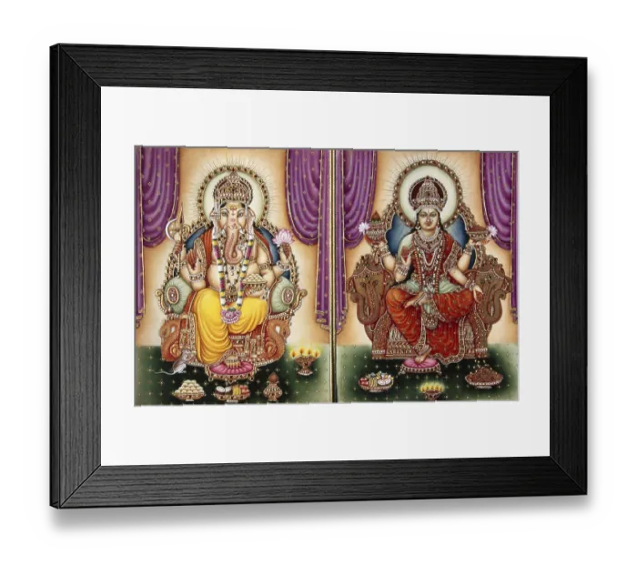 Framed Print : Lord Ganesh ganpati Goddess and Lakshmi Miniature Painting on Ivory