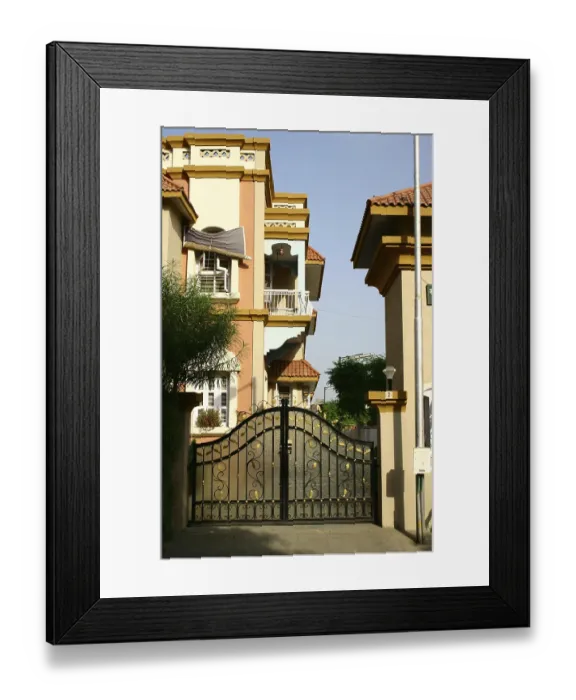 Framed Print : Modern Indian Architecture, bunglow with black iron gate