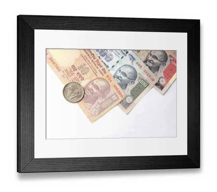 Framed Print : Concept of Indian currency notes and coin