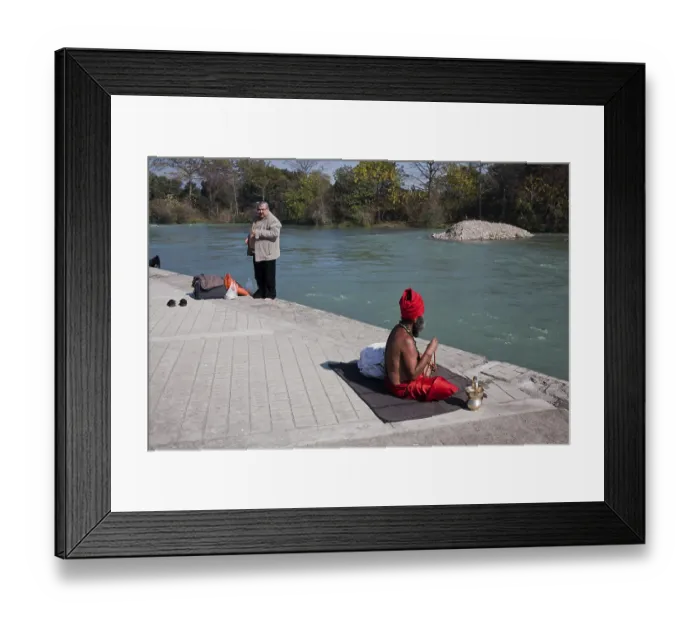 Framed Print : Sadhu mediating on Ganga River in Rishikesh Uttarakhand India