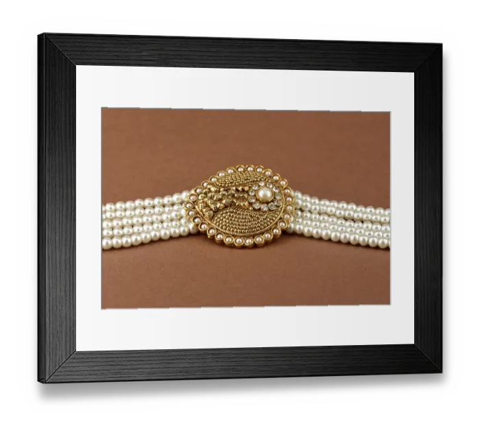Framed Print : Pearl Jewelry on a brown background