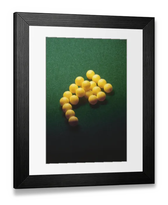 Framed Print : Green poker felt table cloth and ball arranged as pyramid