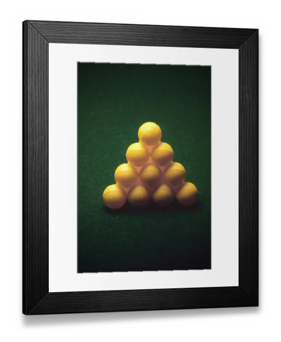 Framed Print : Green poker felt table cloth and ball arranged as pyramid
