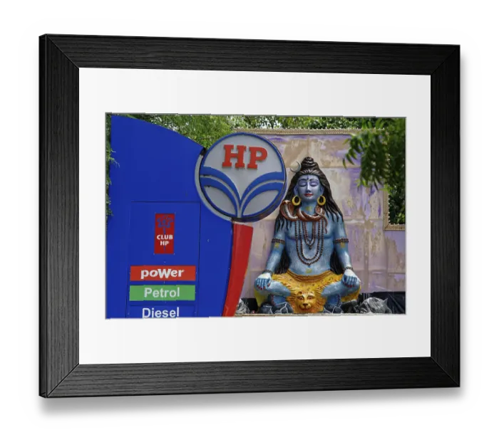 Framed Print : Lord Shiva statue at HP petrol pump sign