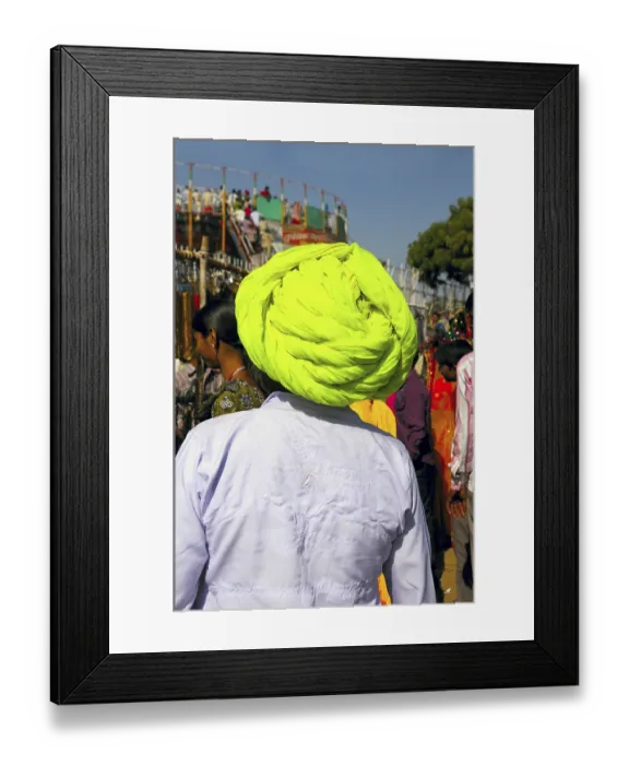 Framed Print : Villager wearing green color turban at pushkar fair