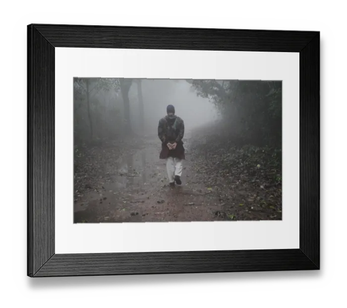 Framed Print : Monsoon, man walking on path between forest Framed Print : Monsoon, man walking on path between forest