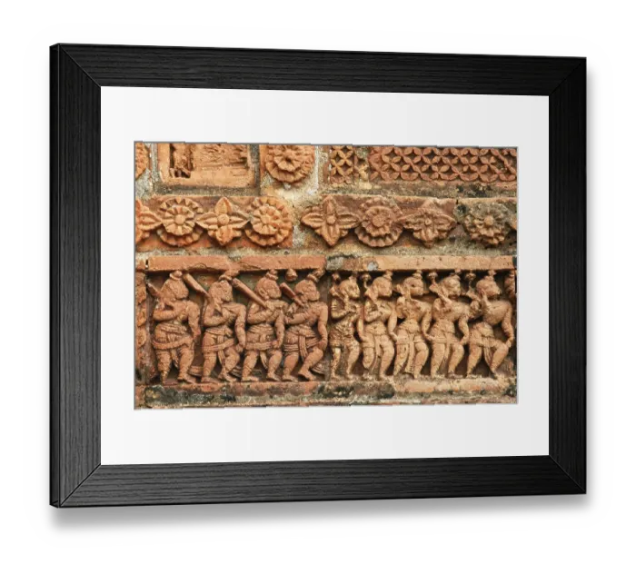 Framed Print : Terracotta artworks of Jor Bangla temple panels made of burnt clay shows figures and designs in 1655 Framed Print : Terracotta artworks of Jor Bangla temple panels made of burnt clay shows figures and designs in 1655