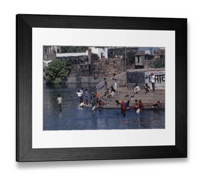 Framed Print : Bathing, washing at ghats of River Chambal