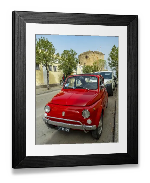 Framed Print : Sardinia, Red Fiat 500 in a street