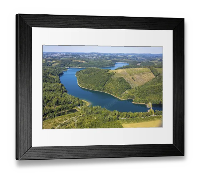 Framed Print : Aerial view, Versetalsperre, forest area with forest damage