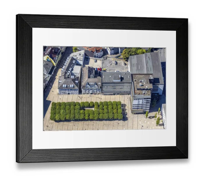 Framed Print : Aerial view, town hall and town hall square with tree avenue Framed Print : Aerial view, town hall and town hall square with tree avenue