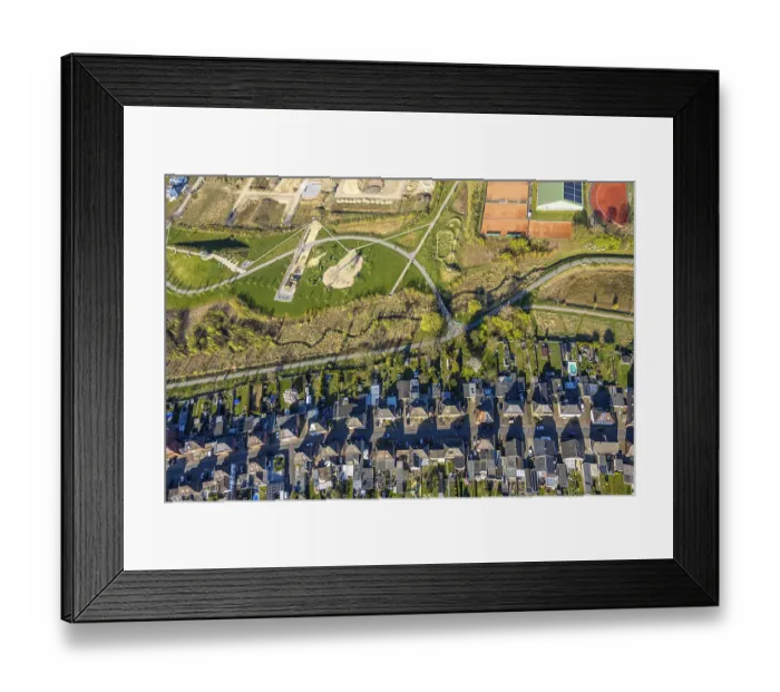 Framed Print : Aerial view, Auenpark and Selmer Bach with green area Framed Print : Aerial view, Auenpark and Selmer Bach with green area