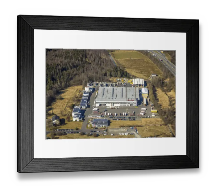 Framed Print : Aerial view, commercial area Hunsborn Sud-West Rheinauer StraBe with WeberHaus GmbH Hunsborn