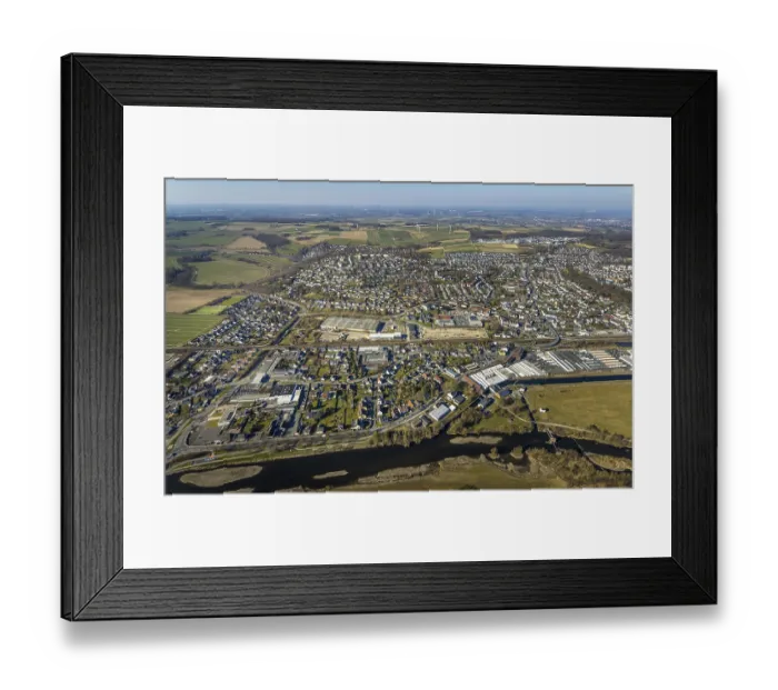 Framed Print : Aerial view, river Ruhr and local view residential area Wickede Framed Print : Aerial view, river Ruhr and local view residential area Wickede