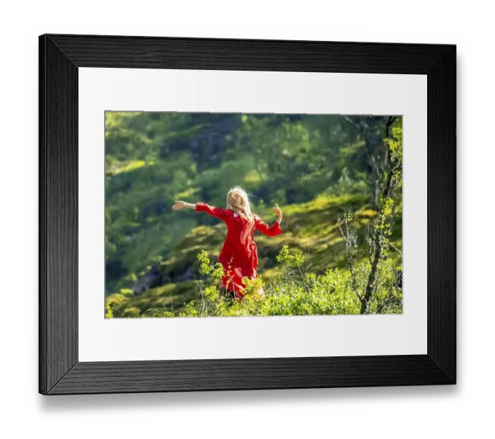 Framed Print : Woman dressed in red is a Huldra