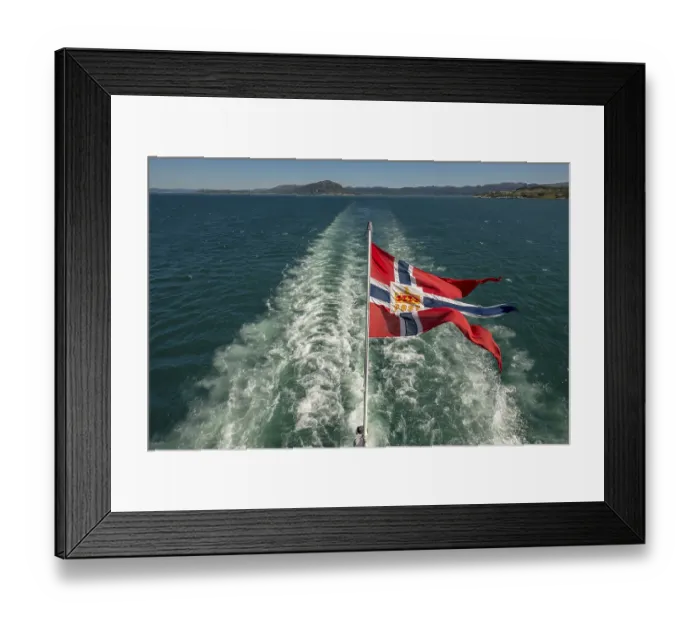 Framed Print : The post symbol on Norwegian flag of a Hurtigruten ship