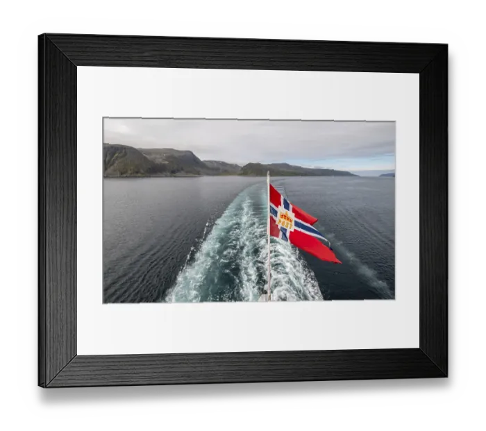 Framed Print : The post symbol on a Norwegian flag of a Hurtigruten ship