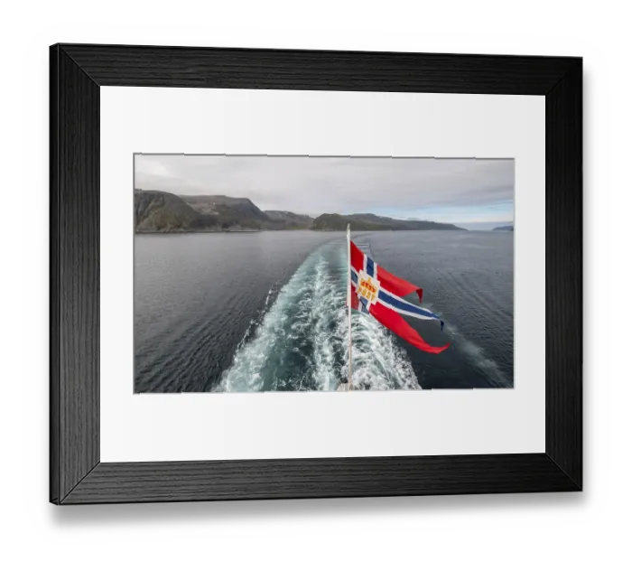 Framed Print : The post symbol on a Norwegian flag of a Hurtigruten ship