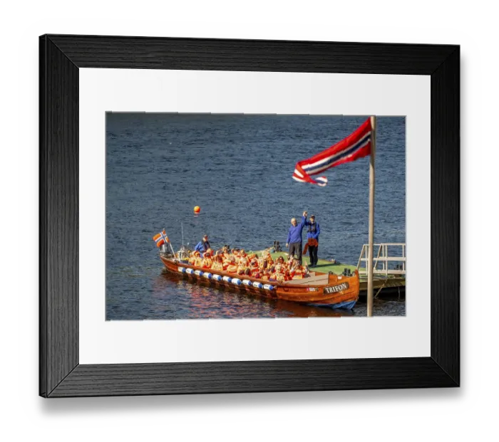 Framed Print : Norwegian flag, river cruise with tourists on an excursion boat Framed Print : Norwegian flag, river cruise with tourists on an excursion boat