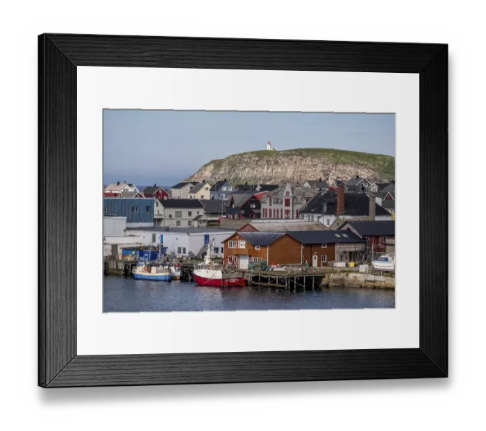 Framed Print : Fishing boats in the harbour, Vardo fyr on the island of Hornoya