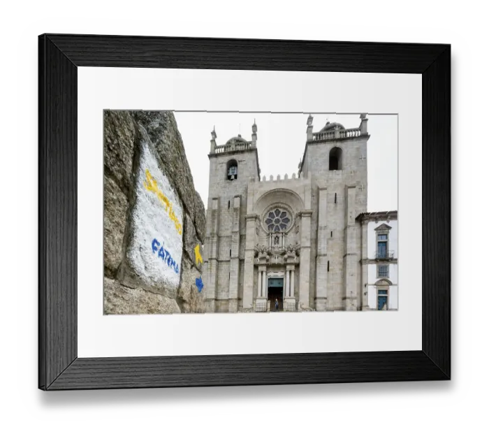 Framed Print : Stone inscription in front of the cathedral to the Pigerwege to Santiago di Campostella and to Fatima