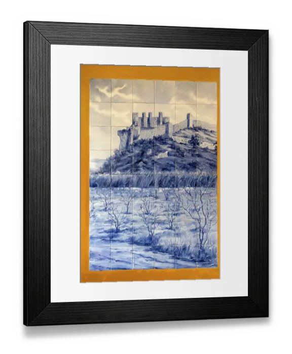 Framed Print : Azelejos, painted tiles with the city motif of the city wall and Obidos Castle