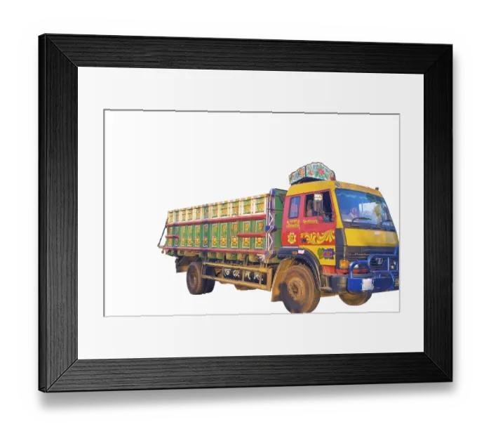 Framed Print : Red yellow green painted truck on white background Framed Print : Red yellow green painted truck on white background
