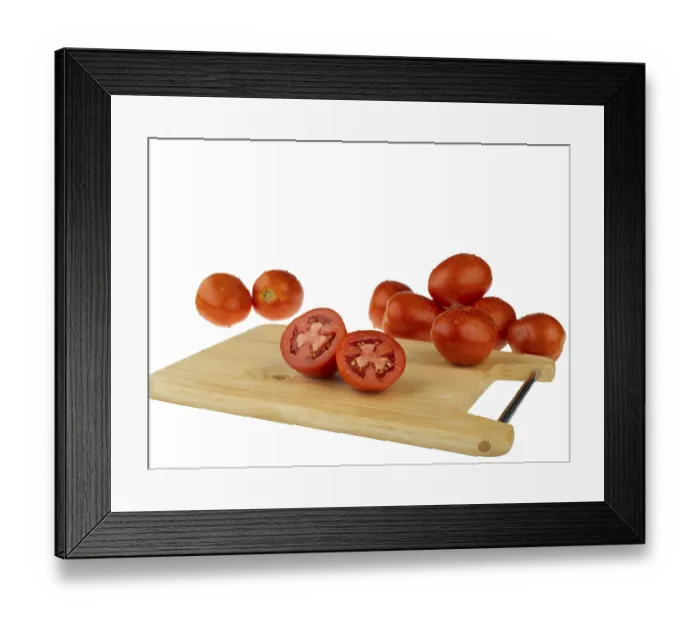 Framed Print : Vegetables, tomatoes with cutting board on white background