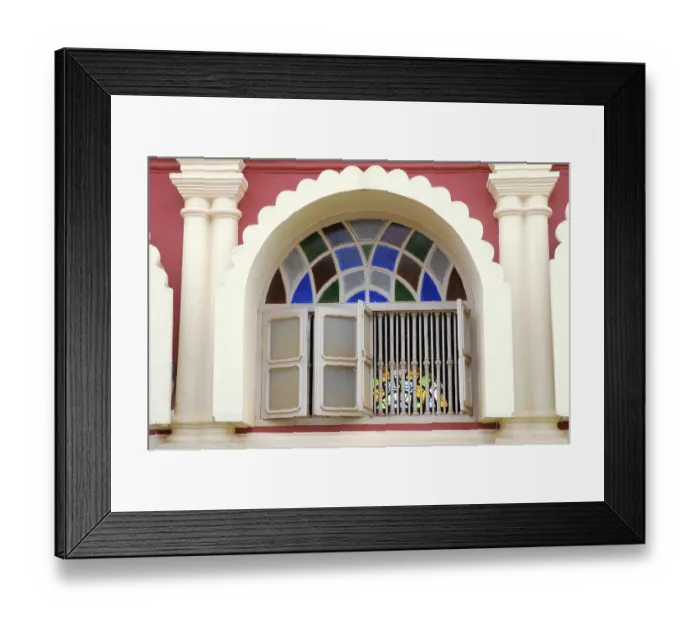 Framed Print : Carved window with stained glass Goa Maharashtra India Asia September 2010