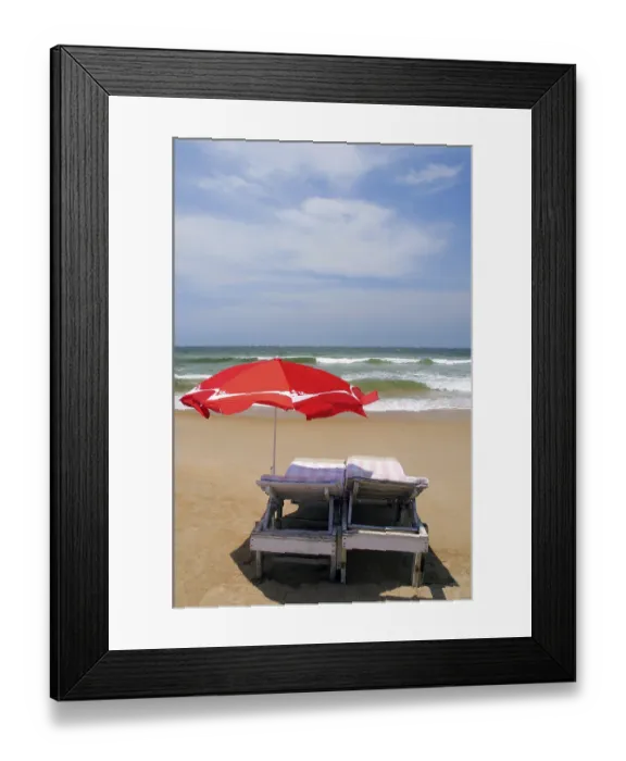 Framed Print : Chairs with umbrella Baga Beach Goa Maharashtra India Asia September 2010