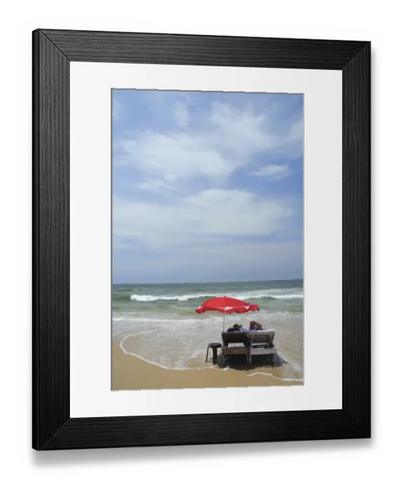 Framed Print : Chairs with red umbrella Baga Beach Goa Maharashtra India Asia September 2010