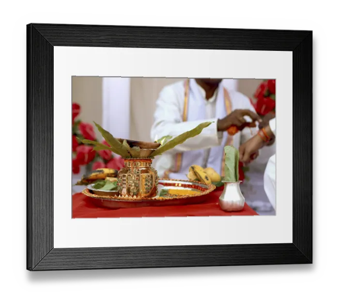 Framed Print : Decorative copper vessel with mango leaves offering to lord Wedding India Framed Print : Decorative copper vessel with mango leaves offering to lord Wedding India