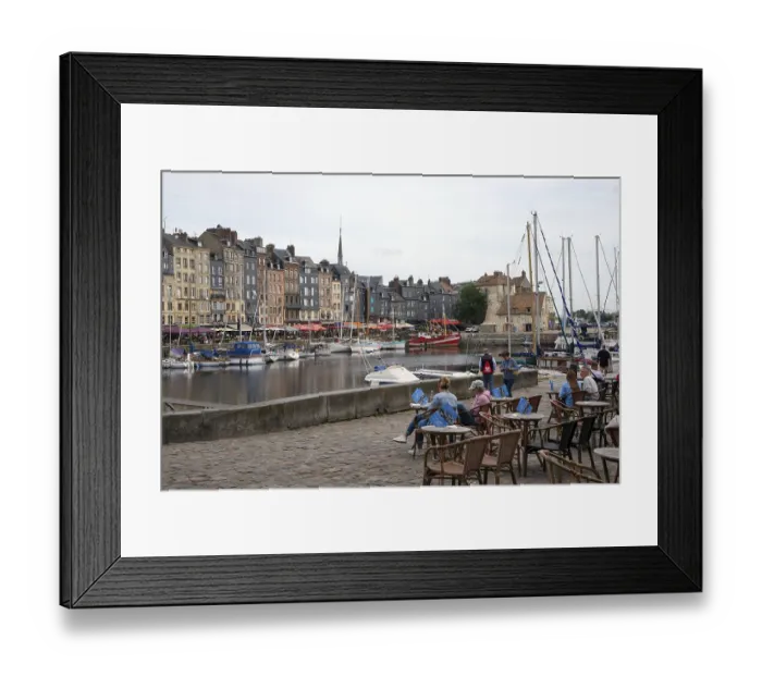 Framed Print : Honfleur, Normandy, France - Boats on the Quai Sainte-Catherine and people in the street cafe in the old harbour Framed Print : Honfleur, Normandy, France - Boats on the Quai Sainte-Catherine and people in the street cafe in the old harbour