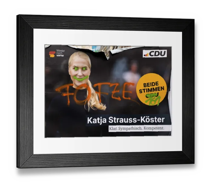 Framed Print : Denigration of a large poster for the 2025 Bundestag election by the CDU with Katja Strauss-Koster Framed Print : Denigration of a large poster for the 2025 Bundestag election by the CDU with Katja Strauss-Koster