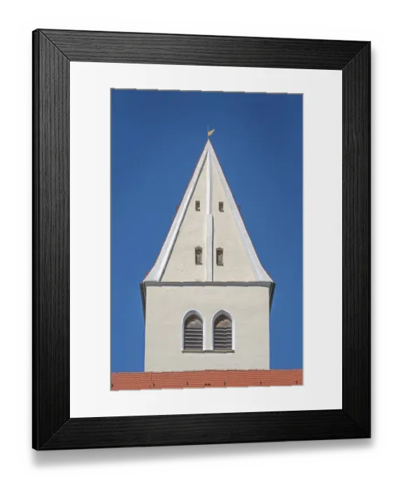 Framed Print : Pointed gable tower of the Roman Catholic parish church of the Assumption of the Virgin Mary in Gebrazhofen Framed Print : Pointed gable tower of the Roman Catholic parish church of the Assumption of the Virgin Mary in Gebrazhofen