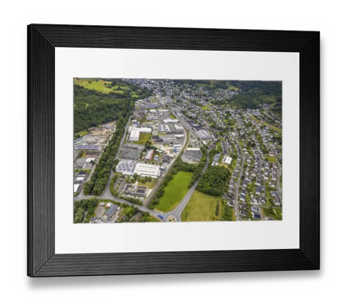 Framed Print : Aerial view, commercial area in the floodplain Framed Print : Aerial view, commercial area in the floodplain