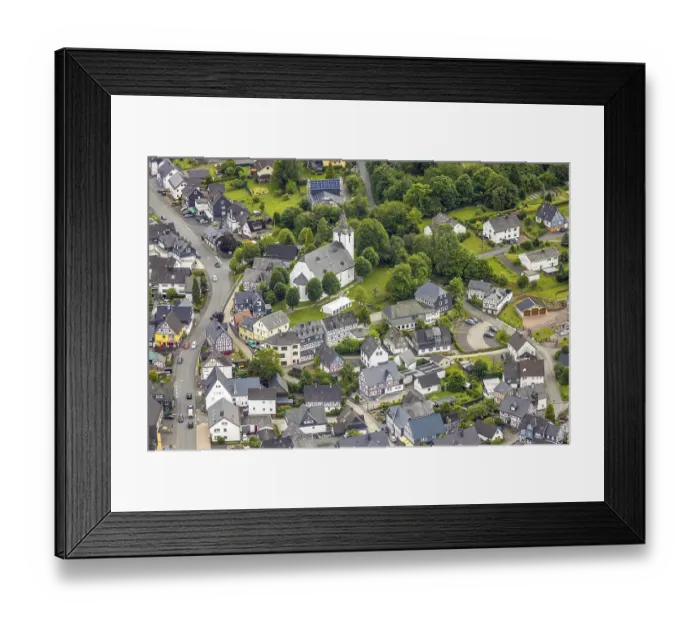 Framed Print : Aerial view, protestant church and half-timbered houses Framed Print : Aerial view, protestant church and half-timbered houses