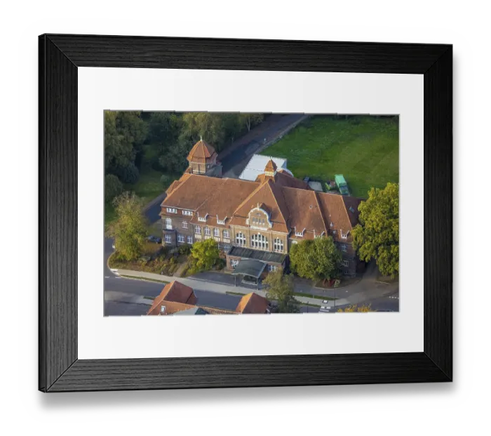 Framed Print : Aerial view, LVR Clinic, House Business Administration and Kitchen on Buchenweg Framed Print : Aerial view, LVR Clinic, House Business Administration and Kitchen on Buchenweg