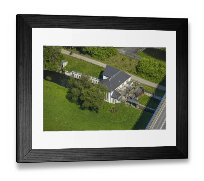 Framed Print : Aerial view, Velmede hydropower plant at the Ruhr Valley Bridge Velmede