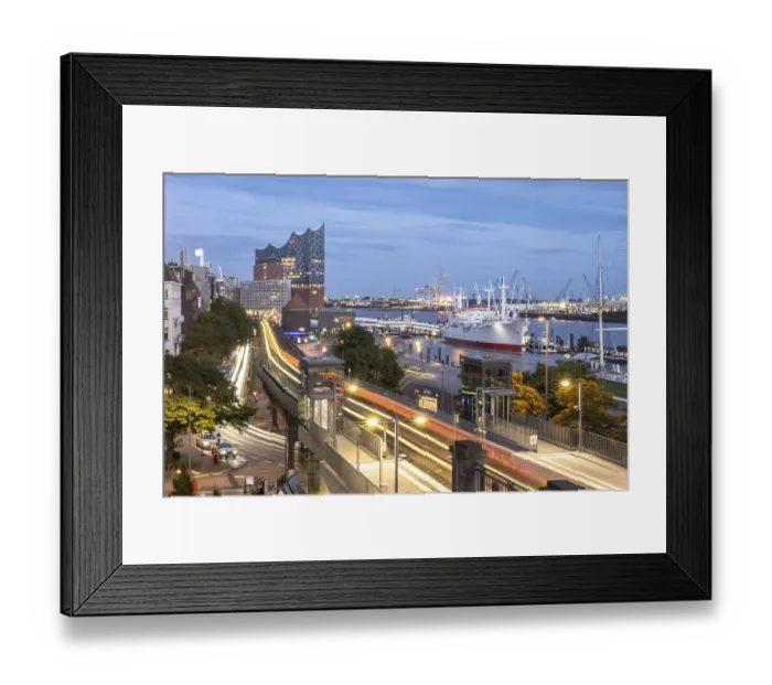 Framed Print : View of the harbour of Hamburg with Landungsbrucken