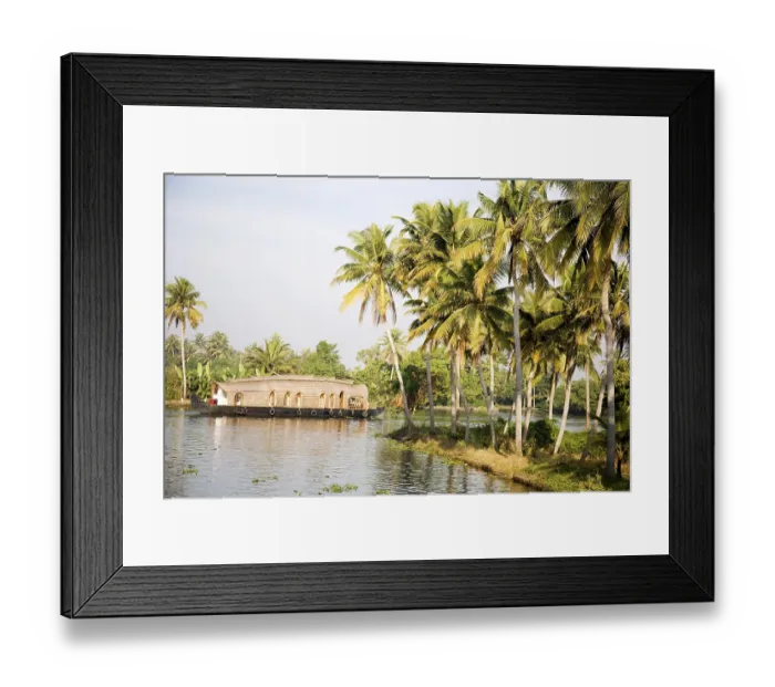 Framed Print : Luxury houseboat and coconut trees in Backwaters