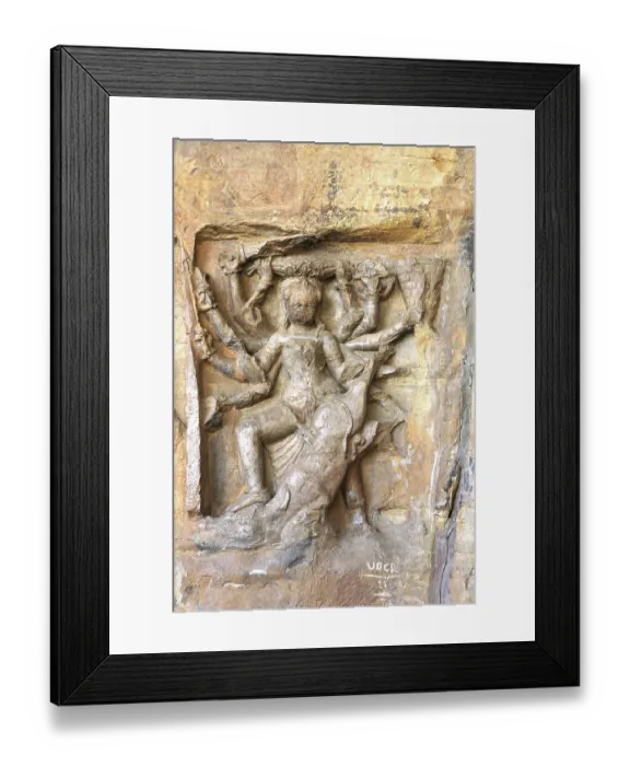 Framed Print : Cave cut into sandstone hill 5 kms from vidish gupta shrines no 6 showing different gods on walls outside door frame