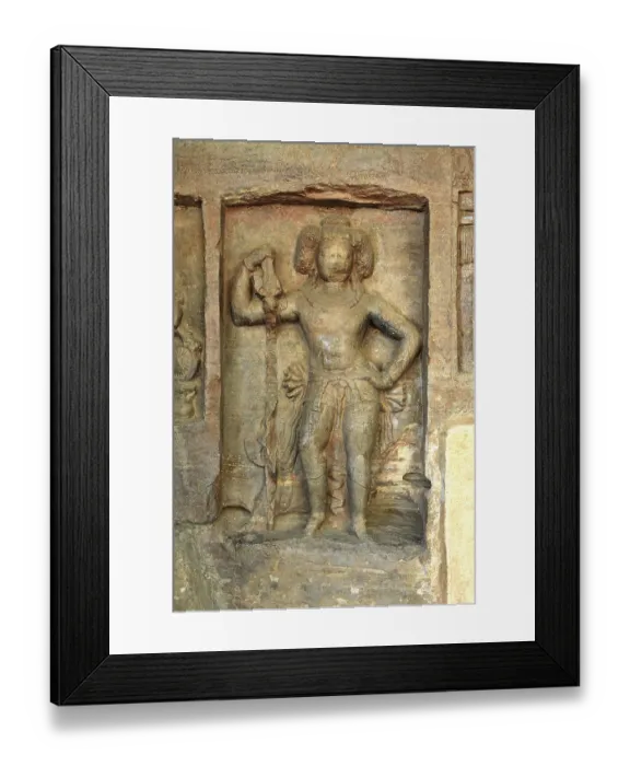 Framed Print : Cave cut into sandstone hill 5 kms from vidish gupta shrines no 6 showing different gods on walls outside door frame