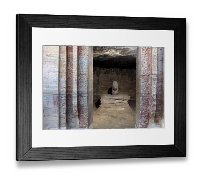 Framed Print : Cave cut into sandstone hill 5 kms from vidish gupta shrines no 4 showing stone head resting on platform inside temple