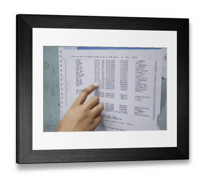 Framed Print : Index finger on reservation chart fixed on train Framed Print : Index finger on reservation chart fixed on train