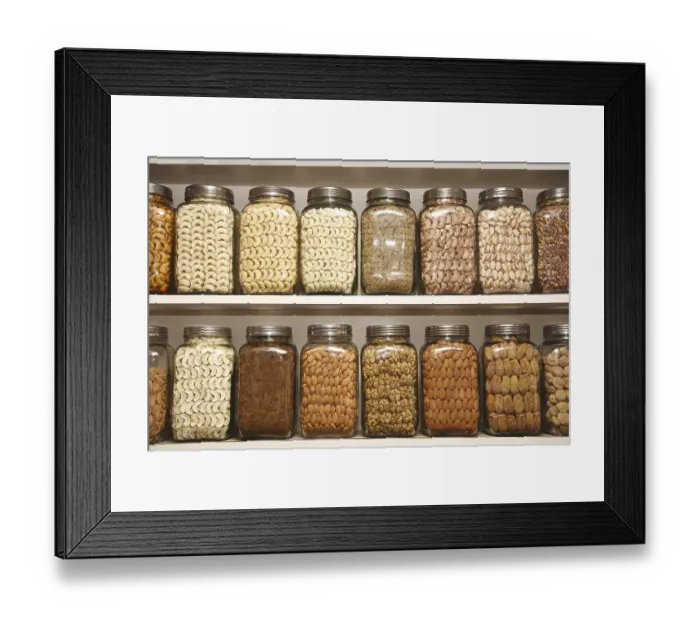 Framed Print : Dry fruits kept in different glass jars on selves in shop Framed Print : Dry fruits kept in different glass jars on selves in shop