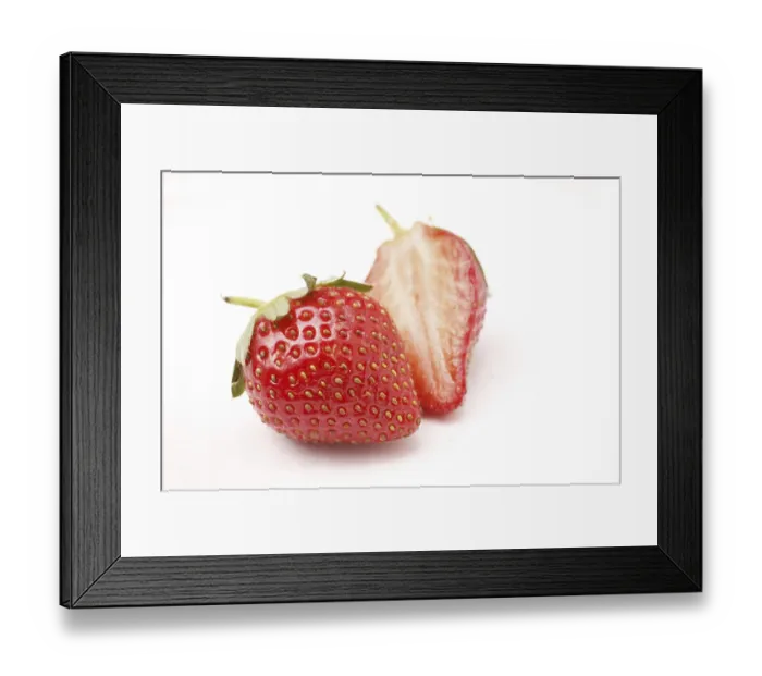 Framed Print : Fruit, Strawberry Fragaria Ananassa one full and one half on white background