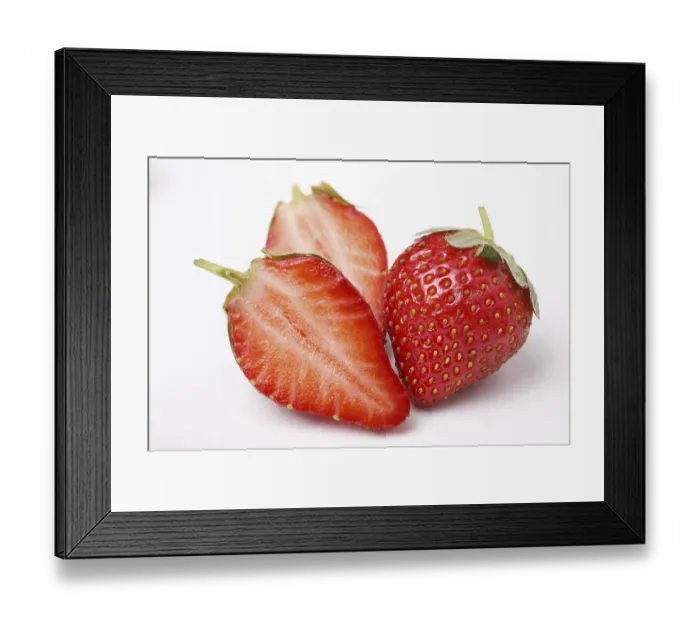 Framed Print : Fruit, Strawberry Fragaria Ananassa one full and two half on white background Framed Print : Fruit, Strawberry Fragaria Ananassa one full and two half on white background