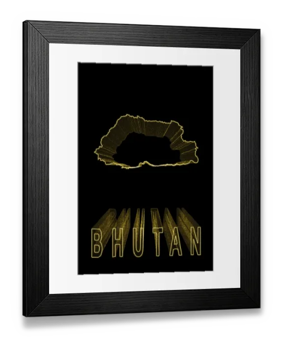 Framed Print : Map of Bhutan, Gold Map On Black Background Framed Print : Map of Bhutan, Gold Map On Black Background
