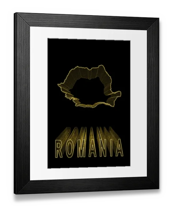 Framed Print : Map of Romania, Gold Map On Black Background